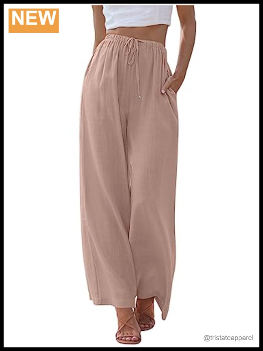 Linen Blend Wide Leg Palazzo Pants Drawstring Elastic Waist Summer Beach